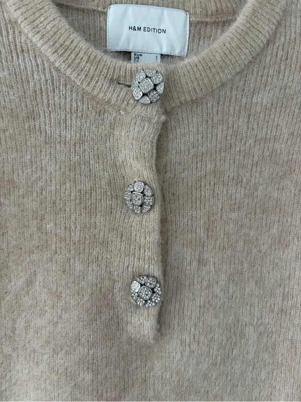 H&M Edition Tan Mohair Wool Short Sleeve Jeweled Button Knit Sweater Top NWOT S - Image 2