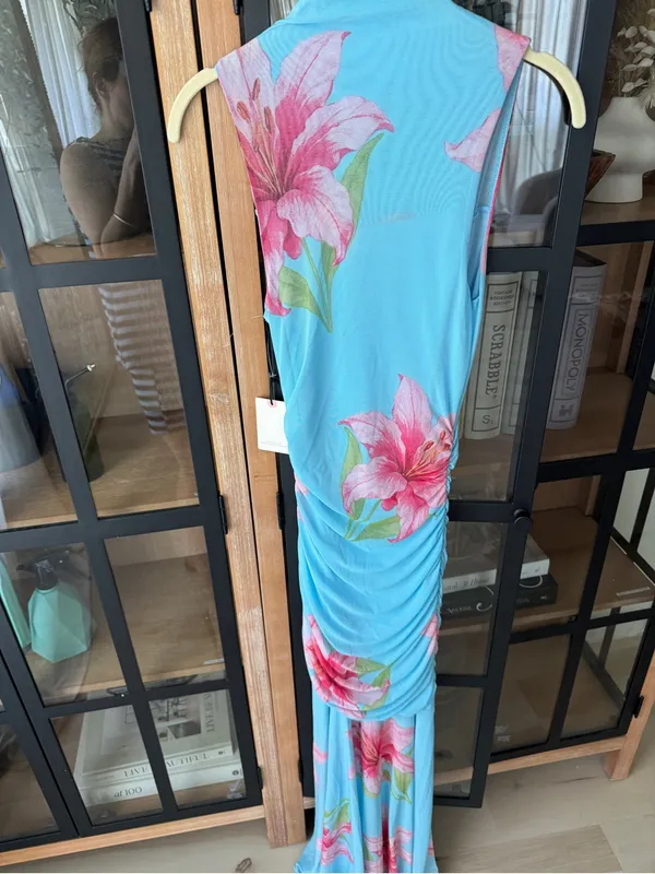 NWT Sincerely Jules Maxi Dress mock neck ruched Pink Floral Print stretchy mesh - Image 4