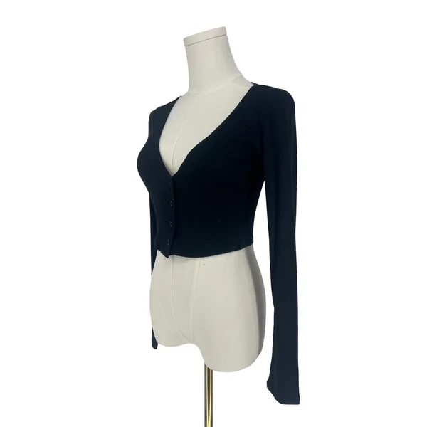 Alo Yoga Ribbed Cropped Whisper Cardigan Black Button Front XS - Image 6