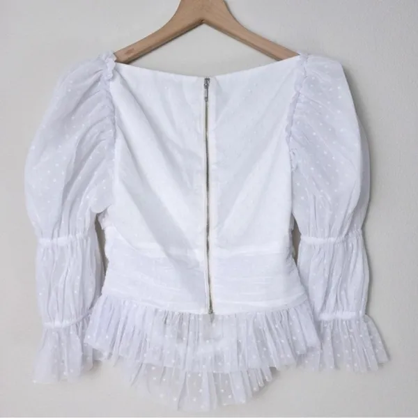 NEW LPA Dolores Top S Ivory Sheer Dot Puff Sleeve Cutout Pleated Peplum Tulle - Image 10