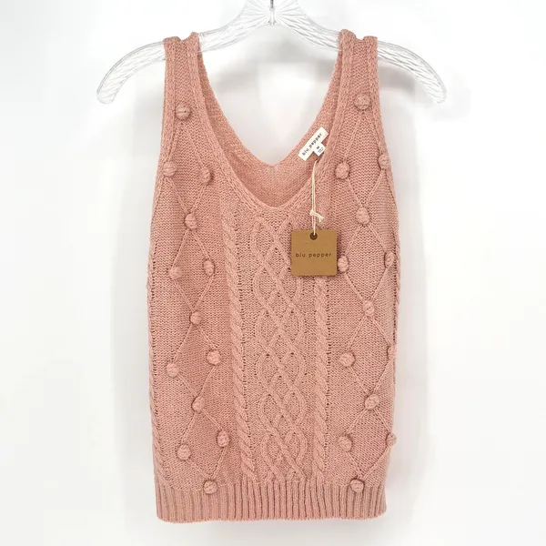 Blu‎ Pepper Cable Knit Pom Pom Tank Womens M Pale Pink Coquette Boho Feminine - Image 2