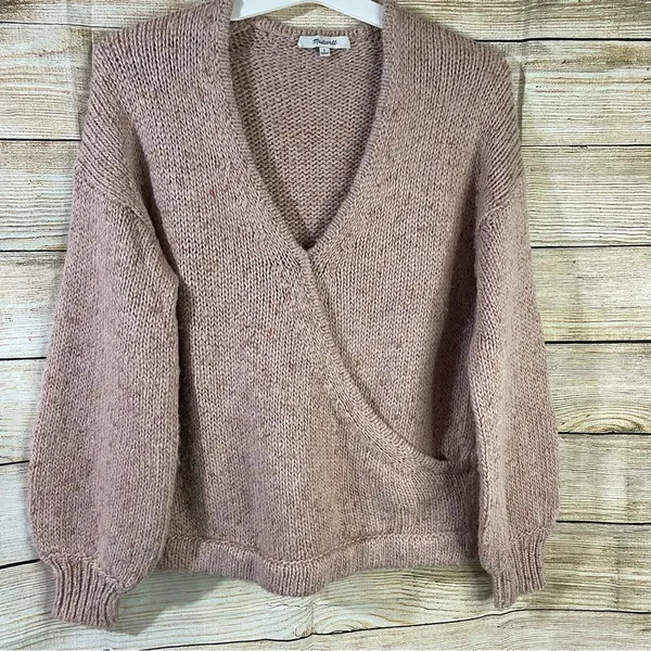 pink chunky knit sweater women size Small wrap front pullover - Image 8