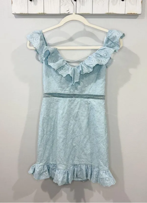Angel Biba Sweet Melody Sweetheart Neck Off-Shoulder Dress Lace Steel Blue S - Image 4
