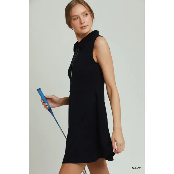 Umgee Collared Quarter Zip Tennis Dress - Navy - Large - Image 2