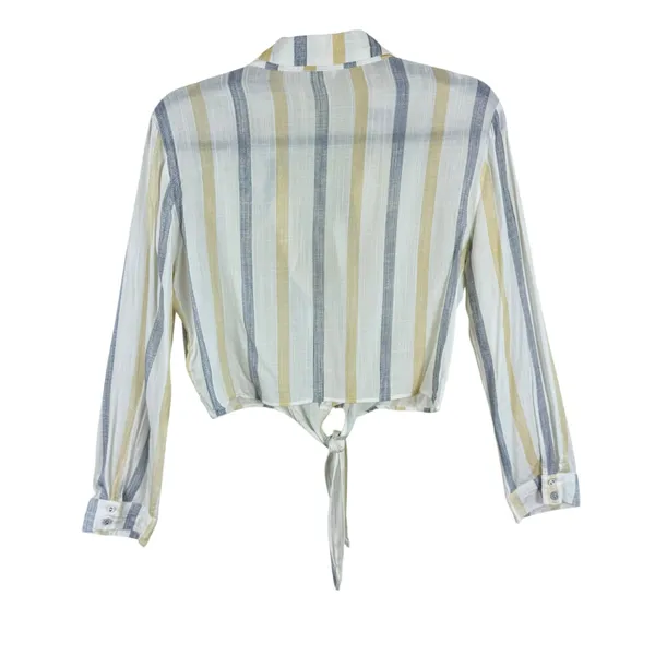 LUNIK Striped Lightweight Cropped Collared Button Up Tie Front Blouse‎ Size M - Image 2