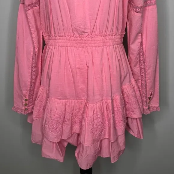 LoveShackFancy Sanaya Dress XL Vivid Pink‎ Long Sleeve Ruffle Tiered Lace Trim - Image 11