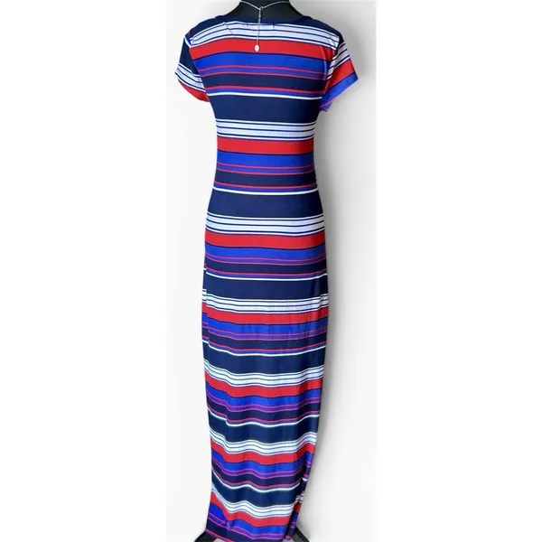 Derek Heart Striped Maxi Dress Med Blue Red White Jersey Knit Short Sleeve VGUC - Image 15