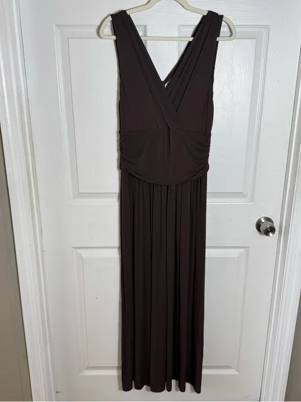 Max Mara Studio Brown Ruched Maxi Dress Size LG Stretch Sleeveless‎ - Image 2