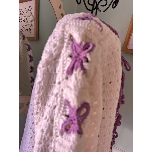 Handmade Crochet Cardigan Womens Medium Cream Purple‎ Bows Tie Front Long Slv - Image 4