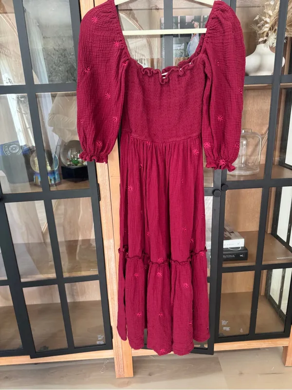 Amazon Dahlia maroon Smocked midi dress maxi square neck tiered daisy embroidered wine - Image 7