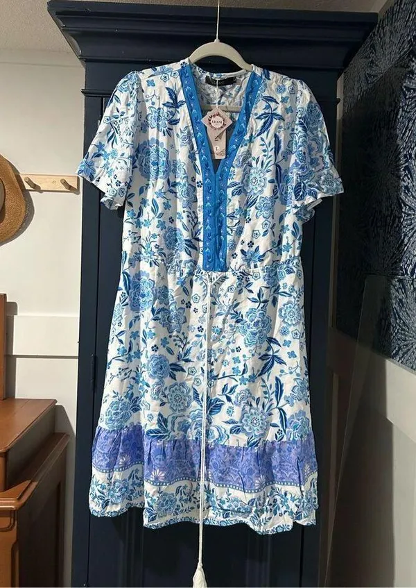 NEW Floral V Neck Casual Short Sleeve Dress Mini Boho Ruffle L - Image 3
