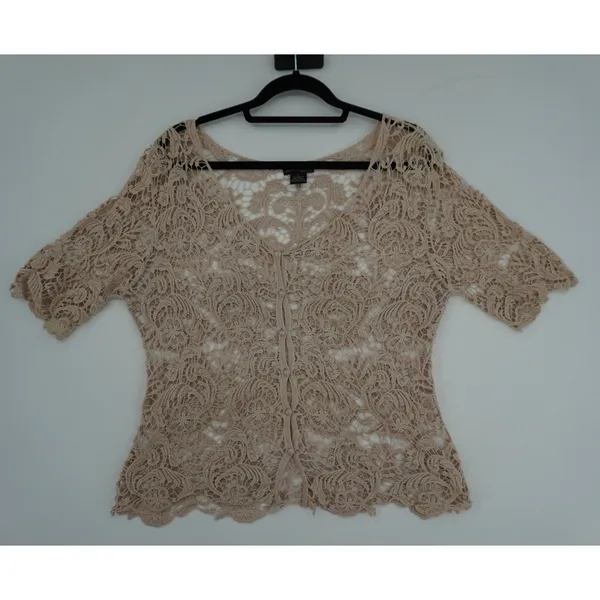 Questions by Say What? Beige Cotton‎ Crochet Lace Cardigan Top V-Neck Large - Image 7
