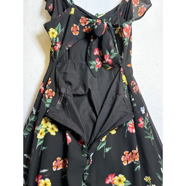 Forever 21 Contemporary Black Floral Maxi Dress Ruffle Tie Back Slit Small - Image 8