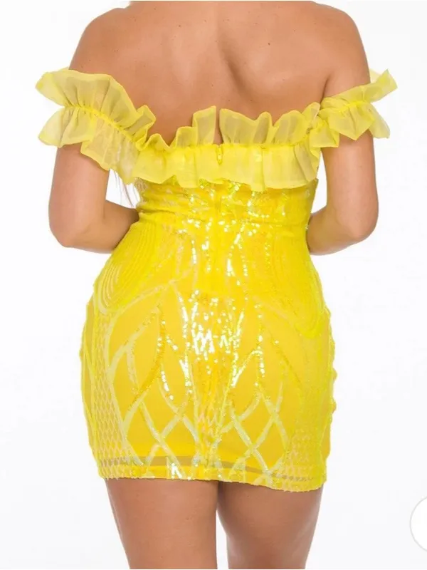 Banjul Yellow Sequin Ruffle Strap Mini Dress - Image 2