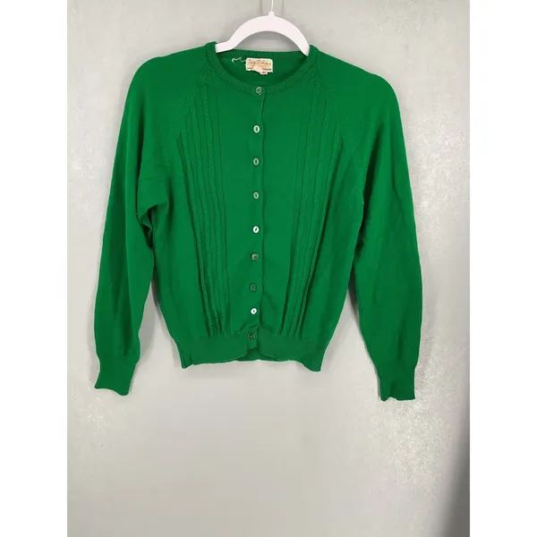 Fully Fashioned Womens Cardigan Green Cable Knit Button Front Size 36 - Image 2