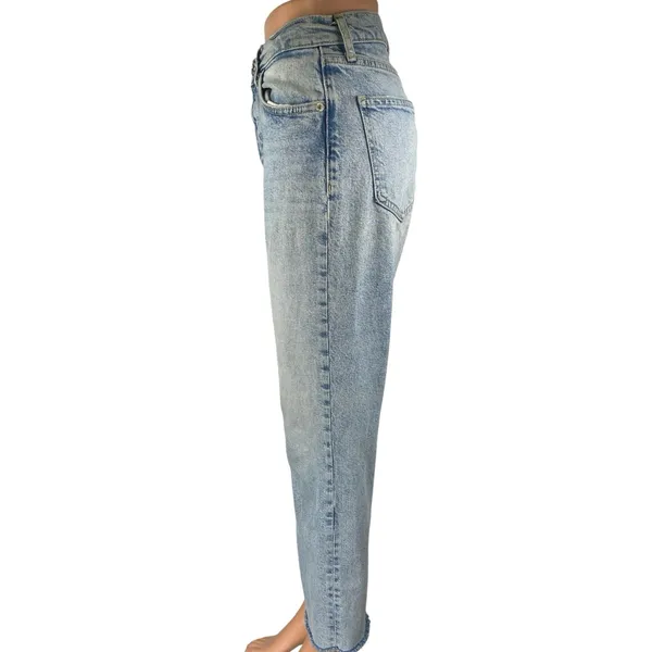 Zara Blue High Waisted Frayed Raw Hem Button Fly Straight Denim Jeans Pants Sz 6 - Image 2
