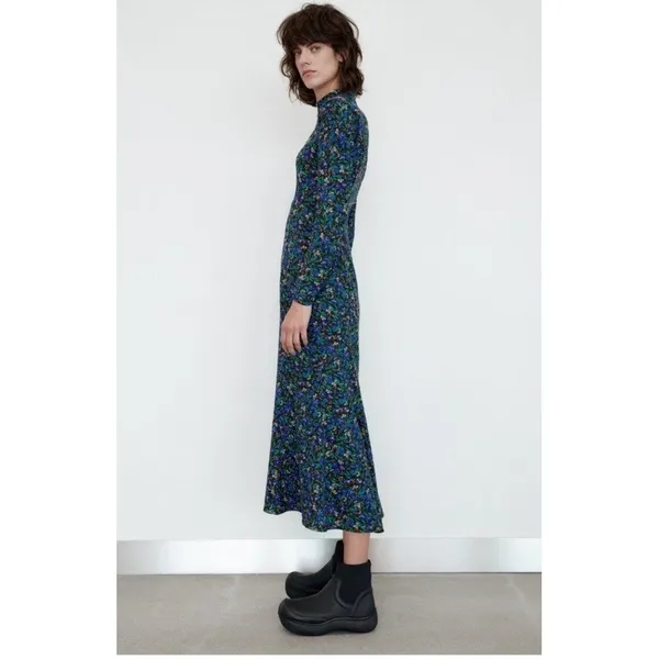 Zara Womens Blue Floral Cold Shoulder Mock Neck‎ Long Sleeve Midi Dress Large - Image 13