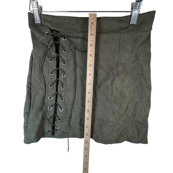 Y2K Vestidos Olive Green Mini Skirt Faux Suede Lace Up‎ M Goblincore Festival - Image 7