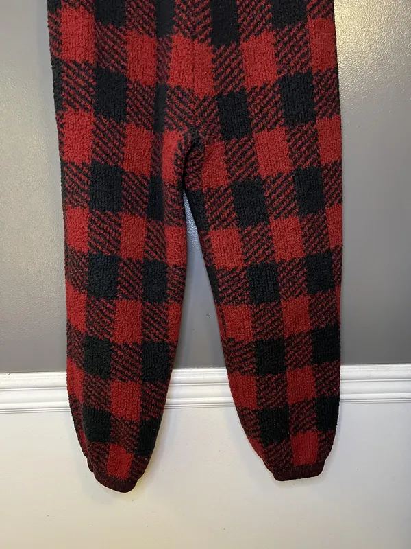 Skims Pants Womens L/XL Red Black Plaid Fuzzy Knit Jogger Lounge Zip Pockets - Image 7