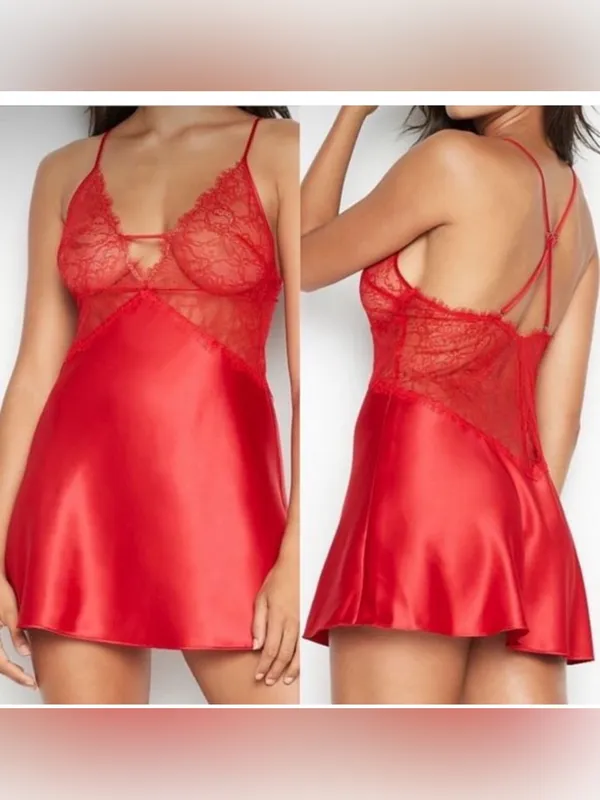 Victoria's Secret Negligee Satin Chemise Nightgown Red Lace Trim Bodice - Image 2