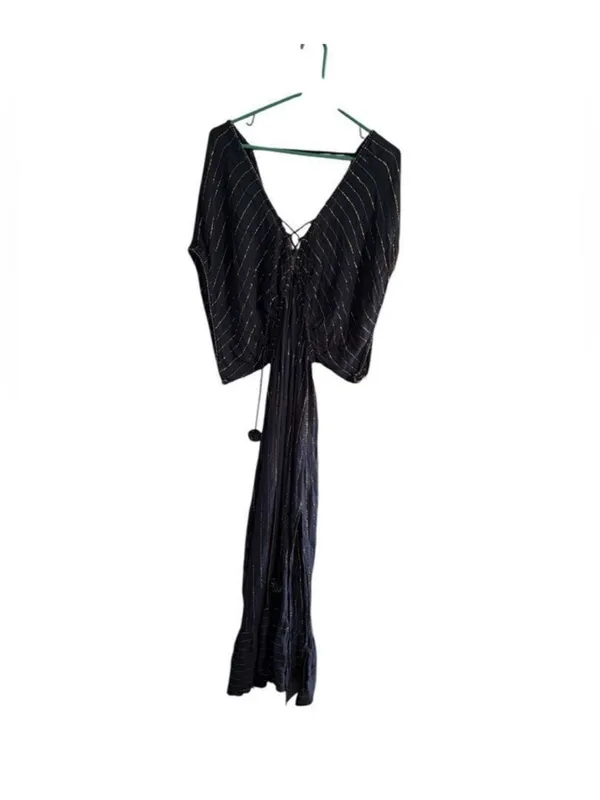 Black Maxi Dress with Gold Metallic Stripe and Side Slit - Image 8