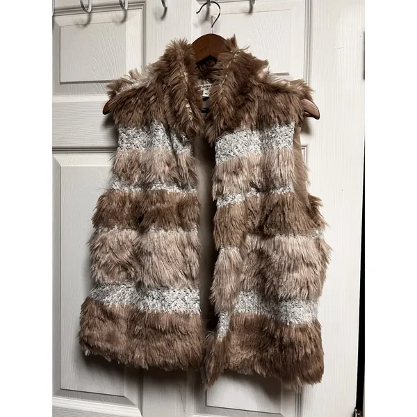 Dylan Women‎ Large Faux Fur Striped Vest Brown Tan Cream Open Front Lined - Image 2