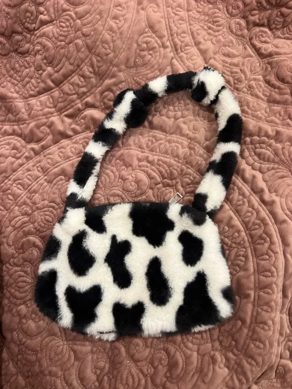 Black and White Faux Fur Cow Print Shoulder Bag - Image 2