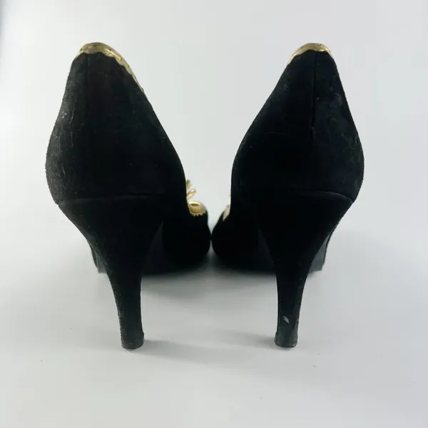 J. Crew Vintage Isabella Black Suede Gold Trim Peep Toe Heels Shoes Women 8.5 - Image 6
