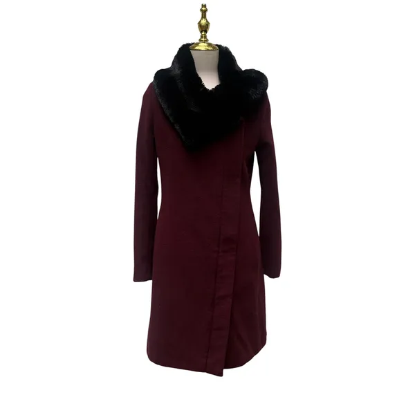 DKNY Wool Cashmere Blend Coat 4 Burgundy Faux Fur Collar Zip‎ Timeless Classy - Image 2