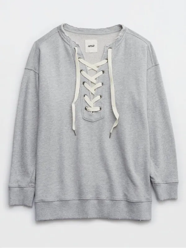 Aerie Lace Up Oversized Crew Sweatshirt in Gray Size Medium - Image 5