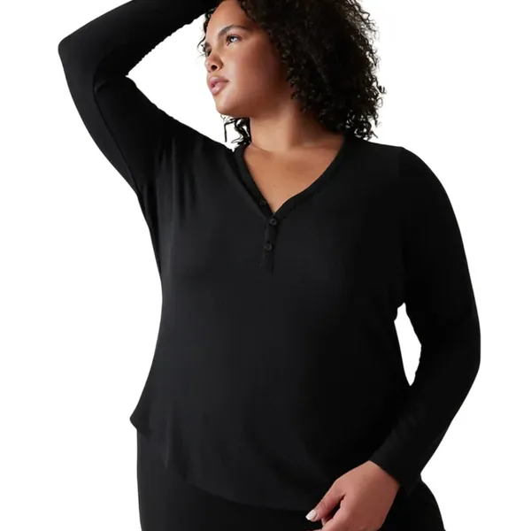 Athleta Lounge Top Size Large Black Waffle Knit Henley Soft Cozy Travel Layering - Image 2