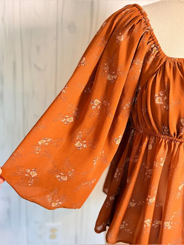 EASEL 3/4-Balloon Sleeve Floral Babydoll Style Blouse, Medium, Amber Cottagecore - Image 5