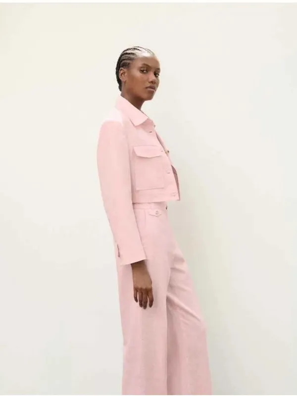 Zara Soft Pink Cropped Linen Cotton Blend Jacket - Image 3