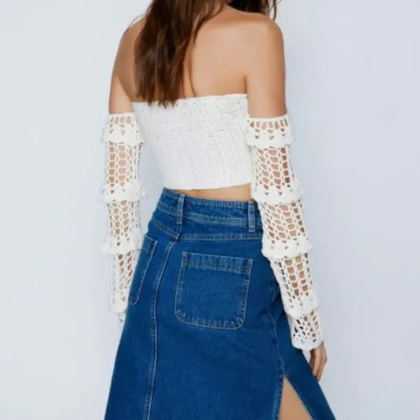 Nasty Gal- Off White Crochet Off Shoulder Lace Up Top - Image 2