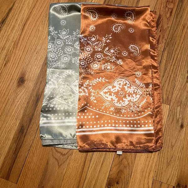 Bundle of 2 Satin Bandana Scarves | Brown & Sage | 100% Polyester - Image 3