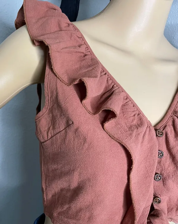 Cider NWT  Ruffle Button Up Knotted Cropped Tank Top Brown Size Small - Image 4