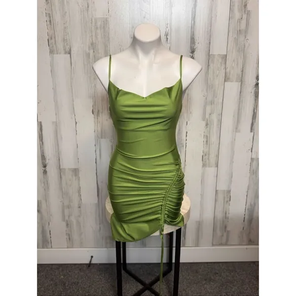 Inspired Hearts Green Satin Ruched Side Bodycon Dress – Size M - Image 2