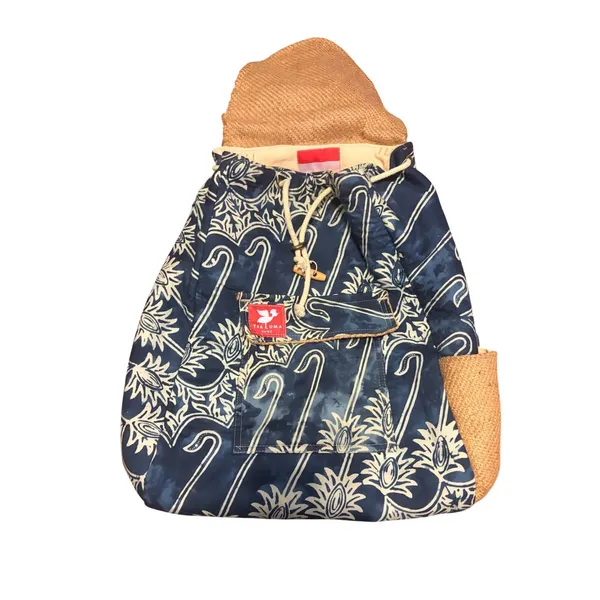 Taaluma Totes Backpack Boho Blue Batik Straw Accent Drawstring Toggle‎ OS - Image 2
