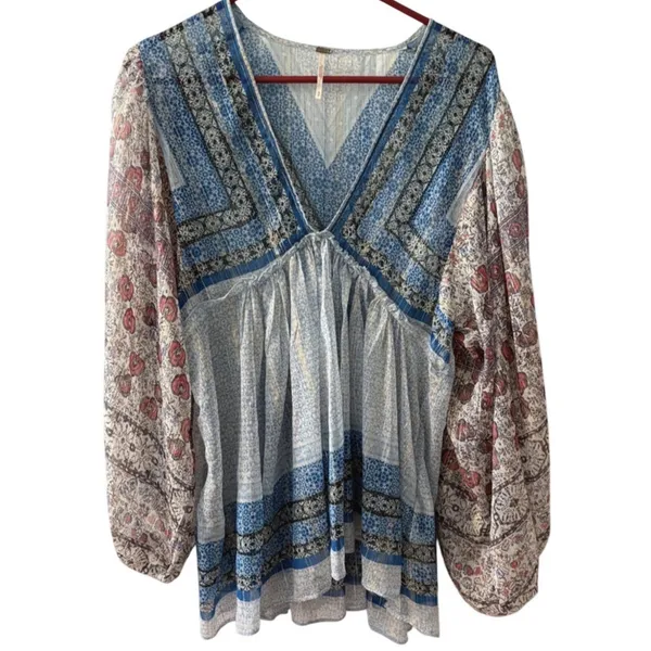 Free People $128 Aliyah Tunic Blouse Top S geometric print floral balloon sleeve - Image 8