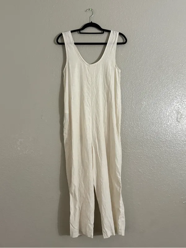 Marine Layer XS Ivory Sleeveless Button Front Wide Leg Cropped Jumpsuit Pockets - Image 8