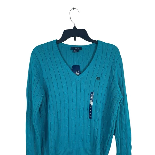 Chaps Cable Knit V-Neck Sweater XL Teal 100% Cotton Preppy Old Money NWT - Image 2