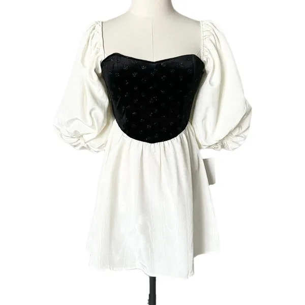 NEW For Love & Lemons Black White Velvet Polka Dot Puff Sleeve Mini Dress XS - Image 2