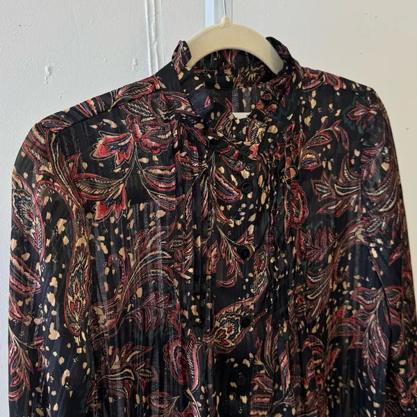NWT Mango Floral Paisley Metallic Contemporary Ruffle‎ Sheer Blouse Blk Burgundy - Image 5
