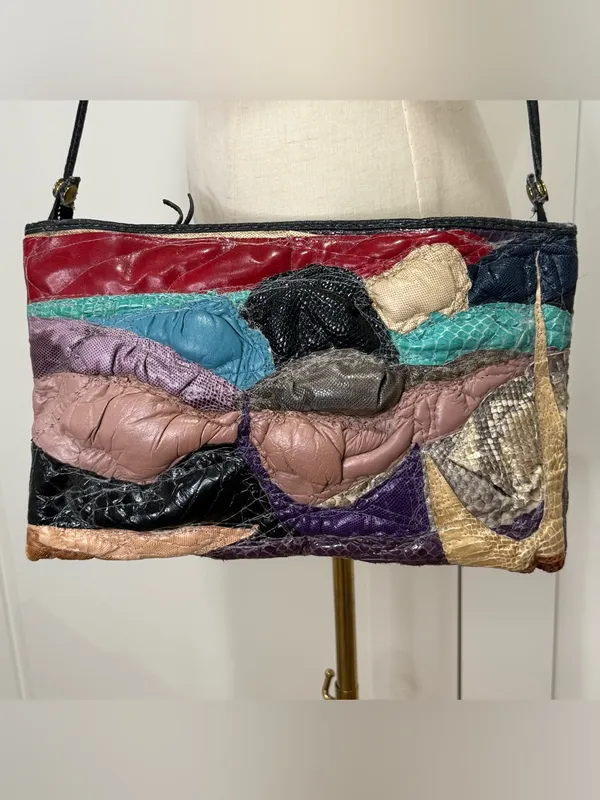 Vintage Snakeskin Reptile Patchwork Purse Puffy Shoulder Bag Unique Whimsy 80s Black - Image 5