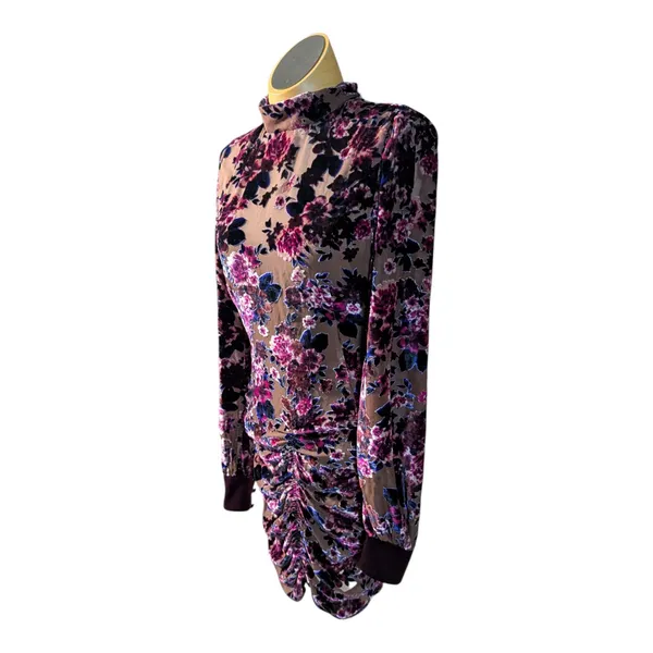 Ronny Kobo Georgina Burgundy Burnout Floral Velvet Long Sleeve Mini Dress Sz M - Image 2