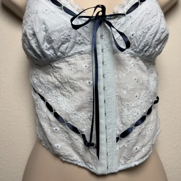 Women Coquette 100% Cotton Top XS Blue Eyelet‎ Lace Ribbon Corset Fairy - Image 10