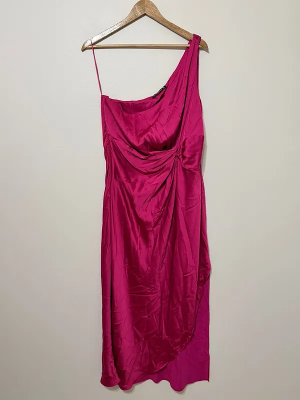 Abercrombie & Fitch Fuchsia Satin One Shoulder Ruched Midi Dress XL Wedding - Image 3