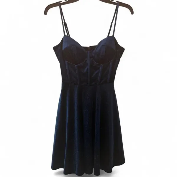 Windsor Navy Blue Glitter Velvet Bustier Skater Mini Dress Small NWT Pockets - Image 3