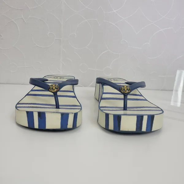 Tory Burch Womens Sandals Size 6.5 White and Blue Stripe‎ Slip On Heels - Image 3
