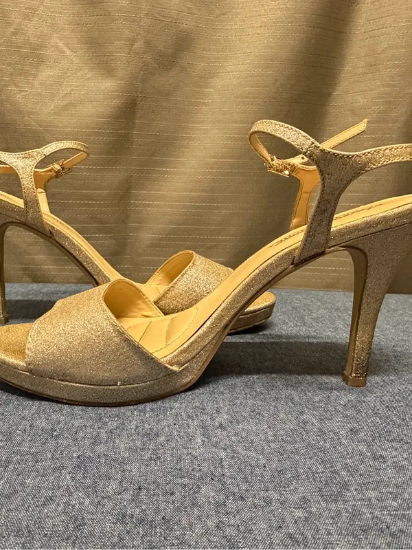 Badgley Mischka American Glamour Gold Glitter High Heel Sandals with Ankle Strap - Image 9